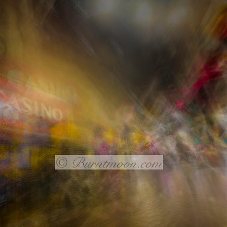 A blurred, abstract cityscape of Amsterdam at night, featuring a glowing "Casino" sign amid swirling neon lights and ghostly figures, captured using Intentional Camera Movement (ICM).