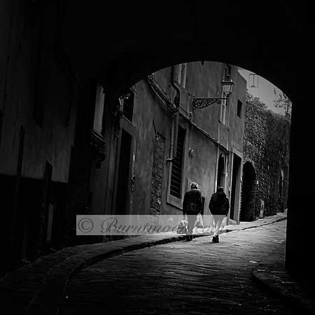 Black and white photograph of two people walking with a dog up a cobbled alleyway in Florence, Italy, framed by a dark archway and surrounded by historic stone buildings.