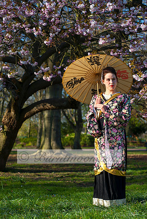 A woman in a floral-patterned kimono holds a traditional Japanese-style parasol while standing under cherry blossom trees in a lush green park. Sunlight filters through the branches, casting a warm gl